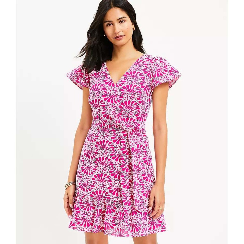 Loft Dress Size 10 Pink White Floral Cotton Short Sleeve Belted V‎ Neck Ruffle - Picture 8 of 8